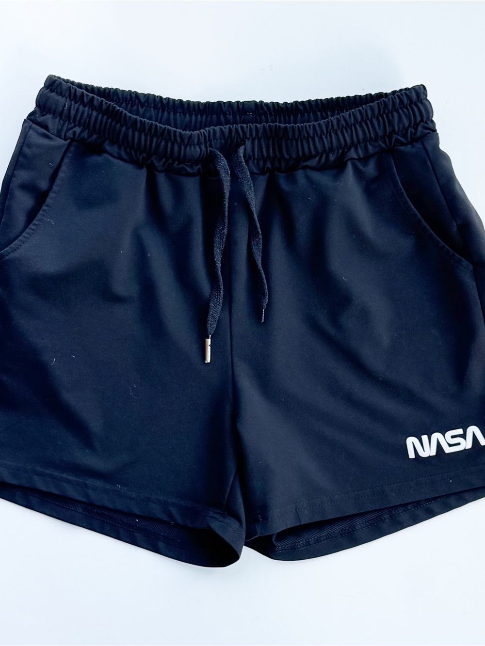 SHEIN Black Athletic Drawstring Shorts with NASA Logo